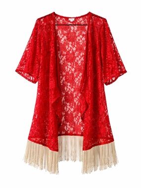 LuLaRoe Monroe fringe bohos 70’s‎ Whimsigoth cardigan in red lace size large